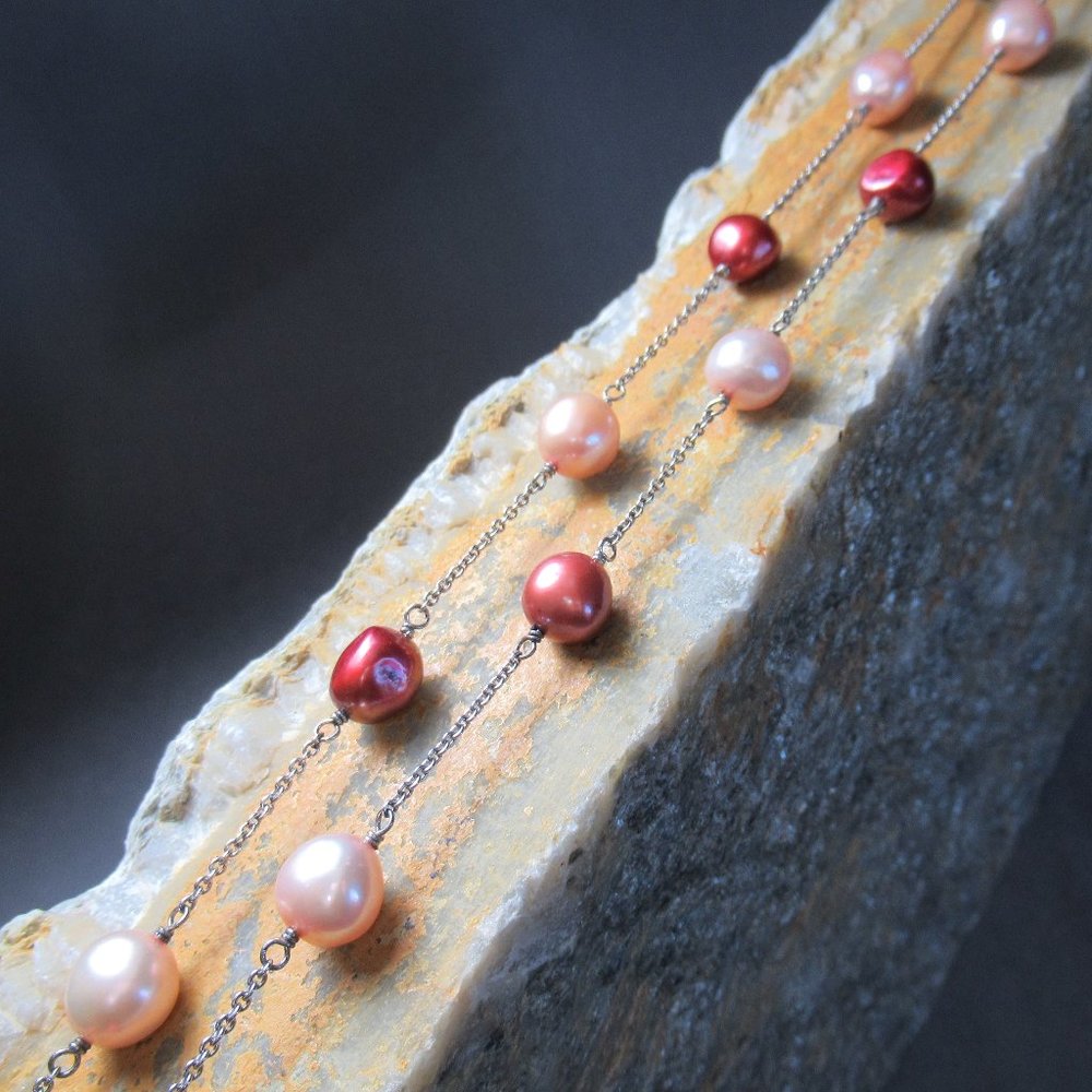 Rose Baroque Pearls on Sterling Silver Necklace, Stationed Pearls